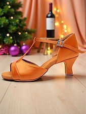 economico Scarpe per balli latini-Scarpe da ballo latino da donna - eleganti tacchi a spillo con cinturino a T in raso e fibbia regolabile, comode calzature da ballo da sala e salsa per balli professionali e sociali
