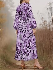 preiswerte Blumenkleid-Damen Midikleid Freizeitkleid Chiffon Schwingkleid Modern Urlaub Täglich Wochenende Normale Passform Blumen Leopard Langarm V Ausschnitt Purpur Dunkelviolett Grau Sommer Frühling Herbst