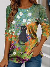 ieftine Tricou cu animale-Pentru femei Tricou Floral Grafic Pisica Epocă Stilat Clasic Manșon Lung Stil Nautic Topuri obișnuite Zilnic Sfârșit de săptămână Imprimeu Roz Îmbujorat Portocaliu Trifoi Primăvară Toamnă