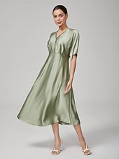 economico Abiti floreali-Femminile Vestito Casual Abito Midi Verde Manica Corta Maniche Corte Semplice Estate Primavera Interstagionale Scollo a V Elegante Moderno XS S M