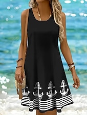 billige Stripete og geometriske kjoler-Dame Mini kjole Solkjole Kjole med A-linje Off The Shoulder-kjole Ferie Fritid Bohem Ferie Strand Normal Grafisk Geometrisk Stripe Ermeløs Crew-hals Øsehals Svart Hvit Gul Rosa Sommer Vår