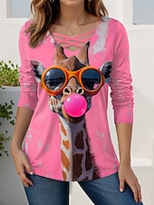 abordables T-shirt Animaux-Femmes T-shirt Graphique Animal Girafe ancien Élégant Classique manche longue Col en V Hauts Réguliers Quotidien Découpé Imprimé Rose Claire Bleu Vert Rose Printemps Automne