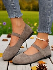preiswerte Ballerinas für Damen-Beige Mary-Jane-Ballerinas mit weiter Spitze für Damen – bequeme Schuhe aus weichem Wildlederimitat für Freizeitausflüge, Spaziergänge im Garten und den Alltag