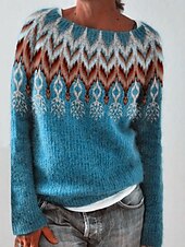preiswerte Grafische Muster und Details-Damen Pullover Lässig Weich Grafik Geometrisch Gerippt Rundhalsausschnitt Gestrickt Druck Langarm Normale Oberteile Stricken Outdoor Täglich Wochenende Gelb Blau Herbst Winter