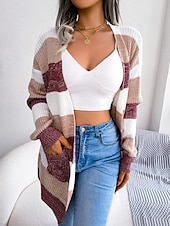 ieftine Cardigane și îmbrăcăminte exterioară-Pentru femei Pulover Bluza Elegant Modă Șic Stradă Dungi Culoare pură Deschis frontal Tricotat Manșon Lung Topuri obișnuite Tricotat În aer liber Zilnic Sfârșit de săptămână Negru Roșu Vin Toamn