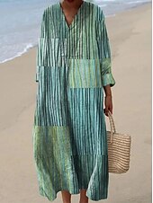 economico Abiti a Strisce e Geometrici-Per donna Abito Midi Vestito Estivo Abito a trapezio Vacanza Casual Boho Uscire Spiaggia Grafico Geometrico Manica Lunga Scollo a V Giallo scuro Rosso Marrone chiaro Blu Estate Primavera Autunno