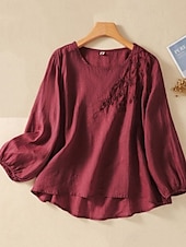 preiswerte Hemden-Damen Hemd Leinen-inspirierte Hemden Bluse Blumen Stilvoll Lässig Langarm Rundhalsausschnitt Normale Oberteile Täglich Bestickt Weiß Armeegrün Rote Blau Sommer Frühling Herbst