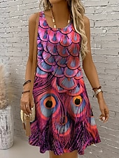 preiswerte Tiere Kleider-Damen Minikleid Sommerkleid A Linie Kleid Schulterfreies Kleid Urlaub Lässig Boho Ferien Strand Normale Passform Grafik Tiermotiv Ärmellos Rundhalsausschnitt Gelb Rote Blau Purpur Sommer Frühling