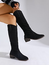 billiga Cowboy &amp; Western Boots-Olivgröna knähöga damstövlar i konstmocka – western cowboystil med låg klack, bekväma höst- och vinterskor