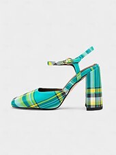 cheap Block Heels-Women&#039;s Purple Plaid Block Heel Pumps –1970s Retro Square Toe High Heels with Ankle Strap for Daily Wear, Office &amp; Vintage Outfits