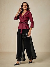 preiswerte Hosenanzüge für Mama-Zweiteilig Brautmutterkleid Elegant V Ausschnitt Knöchellänge Taft Dreiviertelarm mit Schärpe / Band Schleife(n) 2025