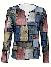 billige Stripe og geometrisk t-skjorte-Dame T skjorte Grafisk Geometrisk Mote Fritid Langermet Crew-hals Vanlige topper Daglig Glidelås Trykt mønster Blå Vår Høst Vinter