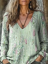 abordables Tops bohèmes-Femmes Chemisier Fleuri Bohème ancien manche longue Col en V Hauts Réguliers Quotidien Fête Imprimé Vert herbe Vert Claire Vin Vert Véronèse Rouge Été Printemps Automne