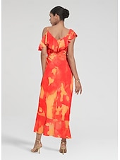 abordables Robes de vacances-Robe mi-longue à basque pour femmes, tenue d&#039;invité de mariage, violet, orange, manches courtes, volants fleuris, cravate sur le devant, printemps &amp;amp; été asymétrique romantique s m l