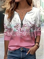billige Boho t-skjorte-Påske Dame T skjorte Blomstret Grafisk Elegant Årgang Stilfull Langermet V-hals Vanlige topper Daglig Helg Glidelås Trykt mønster Gul Rosa Blå Oransje Grønn Sommer Vår Høst