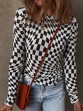 preiswerte Damen Streifen- und geometrische Oberteile-Damen Bluse Karomuster Stilvoll Lässig Langarm Rundhalsausschnitt Normale Oberteile Täglich Druck Schwarz Rosa Aprikose Sommer Frühling Herbst