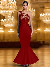 economico Abiti da Sera Sirena-Abito da sera elegante a sirena/tromba con cravatta nera, abito formale da sposa, lungo fino al pavimento, manica lunga, scollo a V, in crêpe elasticizzato con applicazioni, 2025