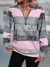 billige Stripe og geometriske topper-Dame Quarter Zipper Sweater Pullover Grafisk Stripete Moteklær Casual Langermet Crew Neck Vanlige Topper Gate Hverdagsbruk Trykk Rosa Høst Vinter