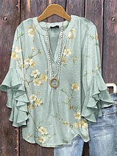 cheap Floral Tops-Easter Women&#039;s Blouse Floral Graphic Elegant Bohemia Ethnic 3/4 Length Sleeve V Neck Regular Tops Daily Holiday Vacation Wear Ruffle Print White Light Green Blue Purple Green Summer Spring Fall