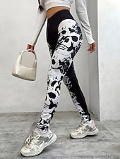 abordables Bas de Halloween-Femmes Leggings Vacances ancien Mode Longueur cheville Taille hautePantsHalloween Graphique Crâne Impression Doux Respirant Élastique Formel Extérieur Vacances Noir Printemps Automne Hiver Coupe Slim