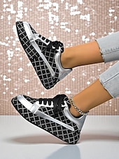 baratos Festa da Vida Noturna-Tênis femininos acolchoados com strass - sapatos de festa com cadarço preto e prata para vida noturna, baladas e streetwear moderno