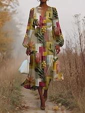 preiswerte Kunst &amp; Design Kleid-Damen Midikleid Freizeitkleid Chiffon Schwingkleid Modern Urlaub Täglich Wochenende Normale Passform Blumen Karomuster Langarm V Ausschnitt Purpur Grün Grau Sommer Frühling Herbst