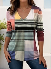 billige Stripe og geometrisk t-skjorte-Dame T skjorte Grafisk Geometrisk Årgang Stilfull Klassisk Langermet V-hals Vanlige topper Daglig Trykt mønster Rosa Blå Oransje Grønn Vår Høst