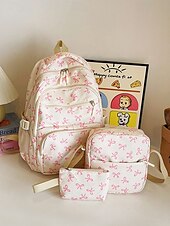 economico Zaini per Università-Set di 3 zaini scolastici per ragazze adolescenti: zaino in tela leggero con stampa di un grazioso fiocco rosa, borsa a tracolla di grande capacità e astuccio per matite, perfetto per la scuola, i viaggi e l&#039;uso quotidiano.