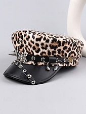 baratos Acessórios fashions-Boné militar feminino com estampa de leopardo para Halloween – chapéu gótico punk de couro sintético com pontas e tachas de aranha, acessório para festa à fantasia e cosplay para uma noite assustadora