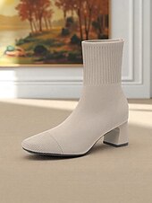 preiswerte Stiefeletten-Marineblaue Strick-Sockenstiefel für Damen – spitze Stretch-Stiefeletten mit Blockabsatz für elegante Alltags- und Herbstoutfits