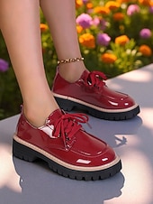 cheap Women&#039;s Oxfords-Women&#039;s Red Patent Leather Oxford Shoes – Chunky Sole Lace-Up Flats for Daily Wear, School &amp; Urban Street Style