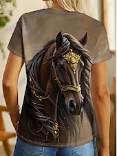 abordables T-shirt Animaux-Femmes T-shirt Graphique Animal Cheval ancien Mode Élégant Manche Courte Col ras du cou Col rond Hauts Réguliers Quotidien Week-end Imprimé Marron clair Bleu Bleu Poudré Été Printemps