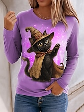 olcso Halloween felsők-Mindszentek napja Női Póló Grafika Cica Szüret Stílusos Klasszikus Hosszú ujj Terített nyak Normál felsők Napi Nyomtatott Medence Bíbor Lóhere Khakizöld Tavasz Ősz
