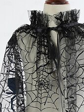 economico Accessori di Halloween-Mantello ragnatela di Halloween da donna: scialle in rete nera trasparente con colletto arricciato, mantello leggero in poliestere per feste in maschera, cosplay e travestimento da strega