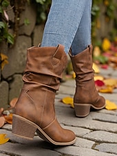 levne Slouch Boots-Dámské hnědé volné kozačky do půli lýtek s úzkým podpatkem – boty z umělé kůže ve vintage westernovém stylu na venkovské outfity, návštěvy farem a podzimní festivaly
