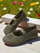 olcso Női lapos sarkú cipők-női széles orrú, flyknit Mary Jane lapos sarkú cipő – kényelmes, lélegző, hétköznapi viseletre, kerti sétákra és hosszú állásidőre