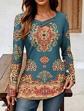 ieftine tricou boho-Pentru femei Tricou Grafic Geometric Imprimeu Paisley Epocă Stilat Clasic Manșon Lung În V Topuri obișnuite Zilnic Eliminat Imprimeu Albastru Prăfuit Primăvară Toamnă
