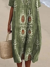 abordables Robes Boho-Femmes Robe Midi Robe d&#039;Été Robe trapèze Vacances Occasionnel Chaussures de plage Soirée Sortir Plage Coupe Ample Fleuri Graphique Tribal Manche Courte Col en V Bleu Vert Été Printemps