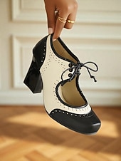 olcso 1950-es évek retró stílusa-női, 1930-as évek ihlette, kétszínű, fűzős oxford magassarkú – retró műbőr vastag cipők vintage őszi és téli szettekhez és teadélutánokhoz