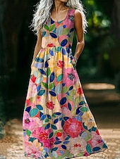 economico Abiti Boho-Abito vintage da donna in stile boho con stampa floreale, casual, per uscire in spiaggia, vestibilità regolare, senza maniche, scollo a U, rosa vinaccia, marrone chiaro, blu, estate e primavera.