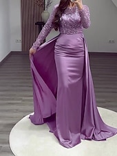 economico Champagne-Abito da sera sirena in paillettes abito in satin champagne arricciato maniche lunghe masquerade lunghezza fino al pavimento scollo illusion con perle gonna sovrapposta