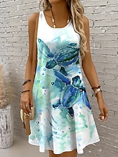 ieftine Animale rochii-Pentru femei Rochie Mini Rochie de Vară Rochie A line Rochie cu umeri Vacanță Casual Concediu Plajă Fit regulat Grafic Broasca testoasa Fără manșon Stil Nautic Galben Roșu-aprins Albastru piscină Mov
