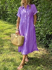 abordables Robe Rayée et Géométrique-Femmes Robe Longue Maxi Robe Robe Chemise Robe Décontractée Mode Extérieur Soirée Fête Coupe régulière Rayé Manche Courte Col de chemise Noir Blanche Jaune Rose Claire Été