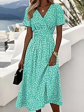 billiga Skriv ut blommiga klänningar-Dam Midiklänning Vardagsklänning Solklänning A linjeklänning Slipklänning Elegant Semester Ledigt Strand Normal Blommig Grafisk Prickig Kortärmad V-hals Gul Rubinrött Blå Purpur Sommar Vår