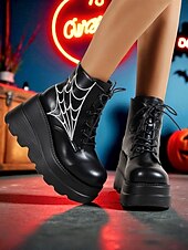 cheap Platform Boots-Women&#039;s Black Platform Boots with Spider Web Design - Chunky Lace-Up Ankle Boots for Halloween,  Cosplay, and Masquerade Balls, Punk and Gothic Style, Comfortable for All-Day Wear