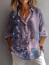 abordables Tops Boho-Femmes Chemise A Ombre Fleuri Graphique ancien Quotidien Élégant manche longue Col en V Col de chemise Hauts Réguliers Travail Quotidien Fête Boutons Imprimé Vert cendré Bleu Violet Été Printemps