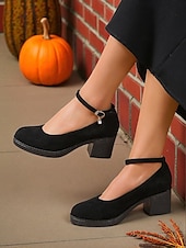 abordables Block Heels-Chaussures noires à talons épais et bride à la cheville pour femmes, décontractées ou habillées pour le travail, le dîner et la vie quotidienne