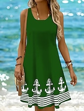 billige Stripete og geometriske kjoler-Dame Mini kjole Solkjole Kjole med A-linje Off The Shoulder-kjole Ferie Fritid Bohem Ferie Strand Normal Grafisk Geometrisk Stripe Ermeløs Crew-hals Øsehals Svart Hvit Gul Rosa Sommer Vår
