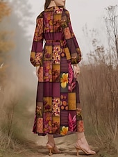 preiswerte Blumenkleid-Damen Midikleid Freizeitkleid Chiffon Schwingkleid Modern Urlaub Täglich Wochenende Normale Passform Blumen Karomuster Langarm V Ausschnitt Dunkelgrün Purpur Grün Sommer Frühling Herbst