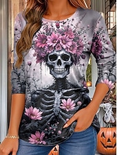 billige Kunst &amp; Design t-skjorte-Halloween Dame T skjorte Blomstret Grafisk Hodeskaller Årgang Mote Stilfull Langermet Crew-hals Vanlige topper Daglig Trykt mønster Rosa Lilla Oransje Grønn Sommer Vår Høst